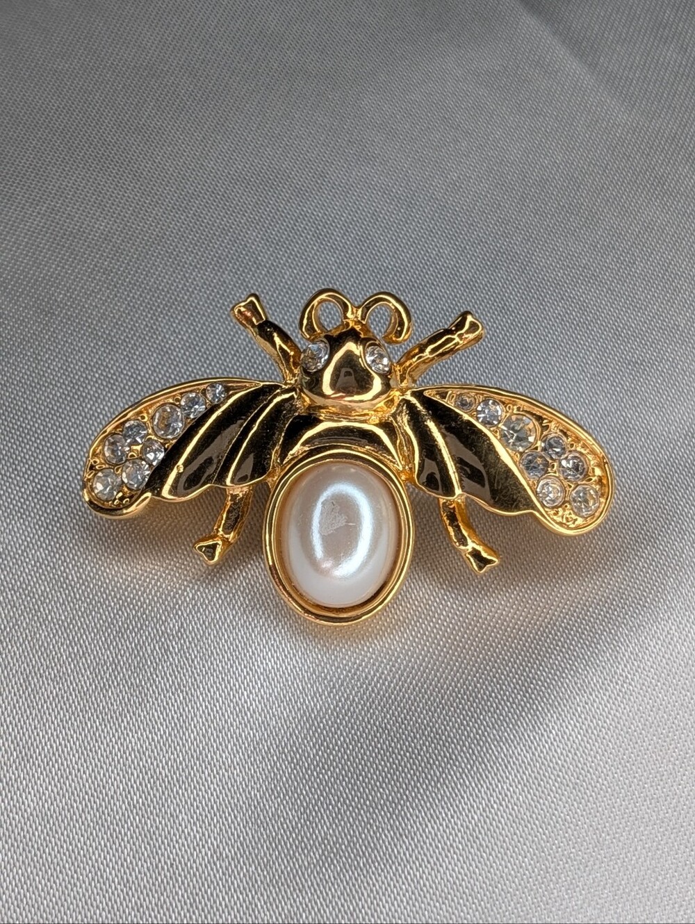 Napier Gold-Tone Bee Brooch with Pearl and Clear Crystals
